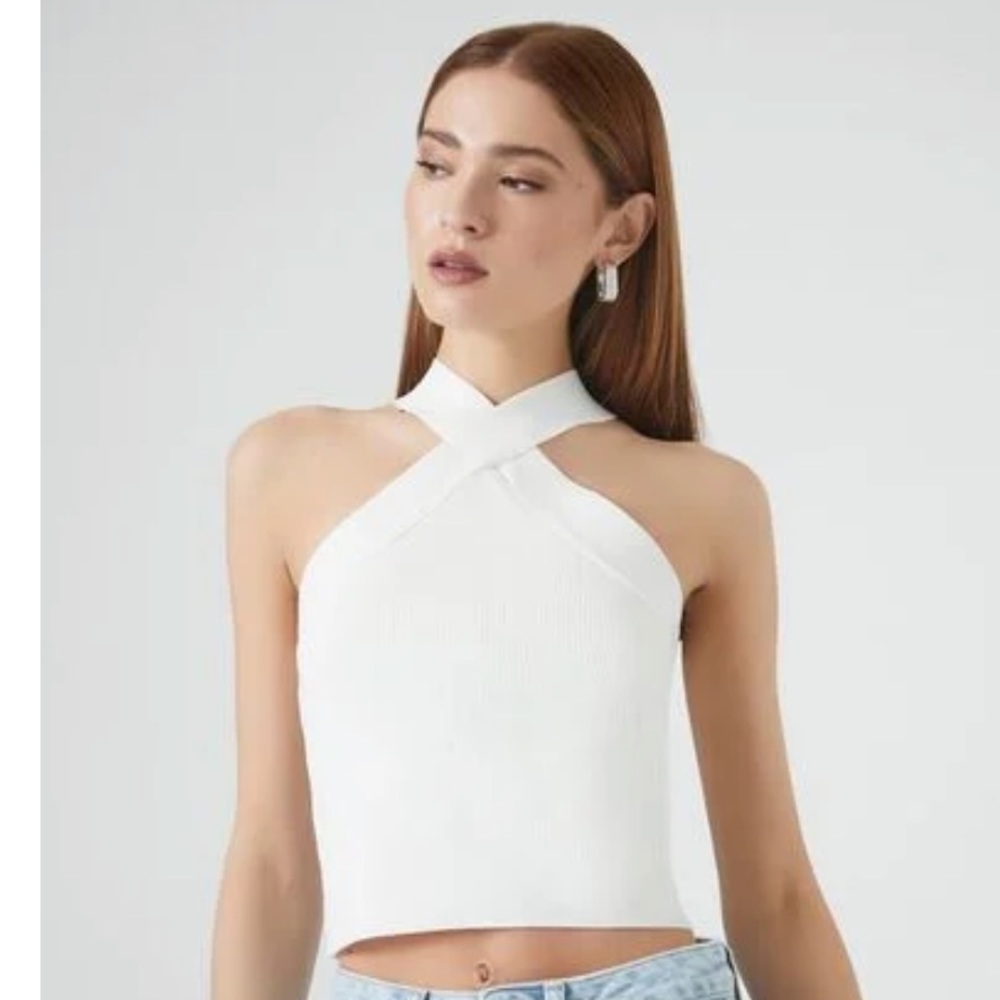 NWT, White Forever21 Sweater-Knit Crisscross Crop Top, Medium